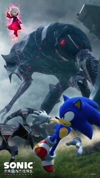 1boy 1girl 3d 4others android aura cloud cloudy_sky copyright_name creepy epic flying giant giganto_(sonic_frontiers) gloves grass grin highres jumping looking_at_another mecha multiple_others neon_lights official_art robot running sage_(sonic) sega shoes short_hair size_difference sky smile sonic_(series) sonic_frontiers sonic_the_hedgehog spiked_hair white_gloves