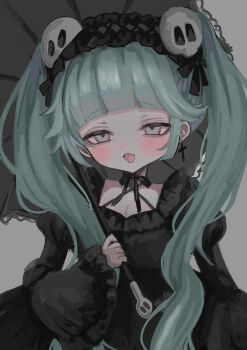 Rule 34 | 1girl, absurdres, aqua hair, black dress, black hairband, blush, breasts, cleavage, criss-cross halter, cross, cross earrings, dress, earrings, frilled dress, frilled hairband, frills, gothic lolita, grey background, grey eyes, hair ornament, hairband, halterneck, highres, holding, holding umbrella, jewelry, lolita fashion, lolita hairband, long hair, long sleeves, looking at viewer, open mouth, original, puffy long sleeves, puffy sleeves, shiona (siona0625), skull hair ornament, solo, twintails, umbrella, upper body, very long hair, wide sleeves