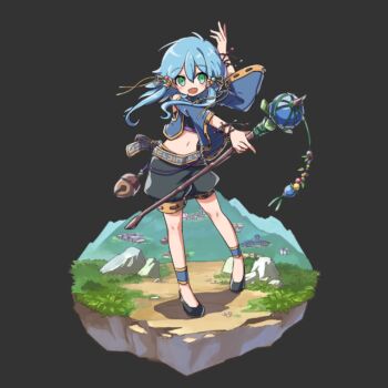 1girl belt black_shoes black_shorts blue_hair blush breasts cropped_jacket detached_sleeves flats full_body green_eyes grey_background hair_between_eyes hand_up hazel_(merc_storia) highres holding holding_staff long_hair long_sidelocks low-tied_sidelocks merc_storia merc_storia_art_team navel official_art open_mouth outstretched_arm rock shoes shorts sidelocks simple_background sleeveless sleeveless_jacket small_breasts smile solo staff standing tachi-e wide_sleeves