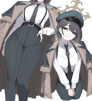 1girl black_eyes black_hair black_pants blue_archive blush breasts brown_halo brown_jacket closed_mouth collared_shirt diagonal-striped_clothes diagonal-striped_necktie green_hat halo hand_on_own_hip hat high-waist_pants highres hiromi_(blue_archive) jacket jacket_on_shoulders large_breasts looking_at_viewer nakaoka_ramu narrow_waist necktie pants peaked_cap shirt smile striped_clothes striped_pants thigh_gap vertical-striped_clothes vertical-striped_pants white_shirt