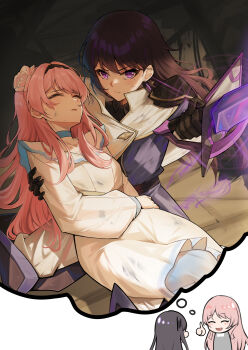 Rule 34 | 2girls, absurdres, animal ears, bang dream!, bang dream! it's mygo!!!!!, black hair, black hairband, blue choker, chihaya anon, chinese commentary, choker, commentary request, dirty, dirty clothes, dirty face, flower, hair flower, hair ornament, hairband, highres, holding, holding sword, holding weapon, long hair, long sleeves, mole, mole under eye, multiple girls, parted lips, pink hair, purple eyes, shiina taki, sword, unique (pixiv12704744), weapon, white background