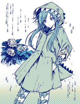 1girl alternate_costume aqua_hair arm_bow bow closed_mouth colored_skin commentary_request cowboy_shot green_bow green_eyes green_raincoat green_theme halftone halftone_background halftone hand_in_pocket highres himemushi_momoyo hisona_(suaritesumi) long_hair looking_down plant rain raincoat snail solo standing thigh_bow touhou water wet wet_clothes white_background white_skin wrist_bow