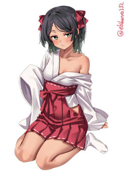 1girl black_hair blush bow braid braided_bangs breasts clothing_cutout collarbone commentary_request ebifurya full_body gradient_hair green_eyes green_hair hair_bow hair_ornament hairclip hakama hakama_skirt highres hip_vent japanese_clothes kantai_collection kimono long_sleeves looking_at_viewer mole mole_under_eye multicolored_hair no_shoes off_shoulder one-hour_drawing_challenge parted_bangs parted_lips red_bow red_hakama scirocco_(kancolle) simple_background sitting skirt sleeves_past_fingers sleeves_past_wrists small_breasts socks solo tabi tan twitter_username two_side_up wariza white_background white_kimono white_socks wide_sleeves