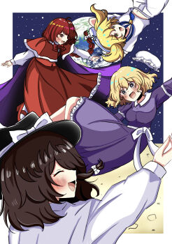 4girls absurdres ahoge black_hat blonde_hair blue_neckerchief blue_sailor_collar blush border bow bowtie braid braided_ponytail breasts buttons cape closed_eyes collared_dress collared_shirt commentary contrast_collar dream-space_occult_class_(touhou) dress earth_(planet) floating frilled_dress frilled_skirt frills hair_bow hat hat_bow highres kitashirakawa_chiyuri kuronon long_hair long_sleeves maribel_hearn medium_hair mob_cap multiple_girls navel neckerchief okazaki_yumemi open_mouth planet purple_dress red_bow red_bowtie red_cape red_eyes red_hair red_shoes red_skirt sailor_collar sash shirt shoes short_sleeves shorts sideways_mouth skirt sleeve_garter socks space textless_version touhou touhou_(pc-98) twintails unworn_headwear usami_renko waist_bow white_border white_bow white_hat white_sash white_shirt white_shorts white_socks yellow_eyes