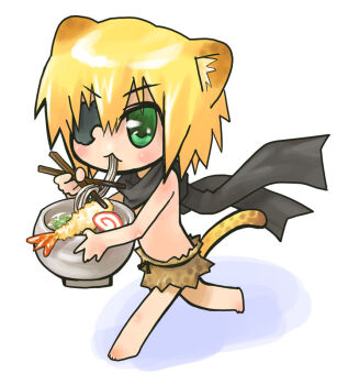 Rule 34 | animal ear fluff, animal ears, apple inc., black scarf, blonde hair, blush, bowl, brown skirt, chida (cpi), chopsticks, closed mouth, commentary request, elbow blush, eyepatch, food, green eyes, hair between eyes, holding, holding bowl, holding chopsticks, impasto, kamaboko, knee blush, legs apart, leobou, leopard boy, leopard ears, leopard tail, medium hair, narutomaki, no sclera, noodles, os-tan, running, scarf, shiny skin, shrimp, shrimp tempura, simple background, skirt, slurping, soba, spots, tail, tempura, topless male, v-shaped eyebrows, yellow tail