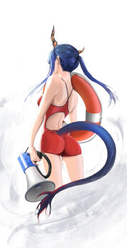 Rule 34 | 1girl, absurdres, arknights, ass, blue hair, breasts, ch'en (arknights), commentary, dragon girl, dragon horns, dragon tail, floating hair, from behind, highres, horns, lifeguard, long hair, medium breasts, megaphone, ponytail, sidelocks, solo, tail, tflop (tea flop), white background