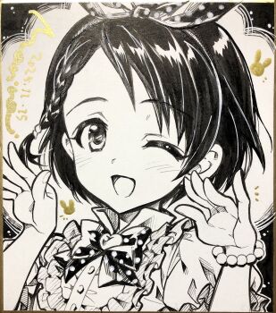 Rule 34 | 1girl, ;d, \|||/, animal print, bead bracelet, beads, bow, bracelet, braid, braided bangs, commentary request, dated, frilled shirt, frills, highres, idolmaster, idolmaster cinderella girls, idolmaster cinderella girls starlight stage, jewelry, light blush, marine (confeitokobo), marker (medium), official alternate costume, one eye closed, open mouth, polka dot, polka dot bow, portrait, rabbit print, sasaki chie, shikishi, shirt, short hair, smile, solo, solo focus, swept bangs, traditional media, visible ears