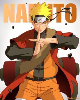 1boy absurdres blonde_hair character_name coat commentary_request facial_mark forehead_protector highres jacket konohagakure_symbol kuji-in long_sleeves looking_at_viewer male_focus naruto_(series) naruto_shippuuden open_clothes open_coat orange_jacket orange_pants pants red_coat saburo_des scroll sennin_mode short_hair solo twitter_username uzumaki_naruto whisker_markings white_background yellow_eyes