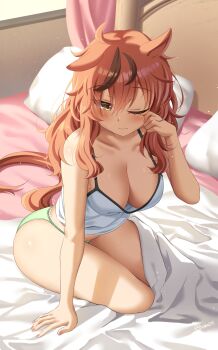 1girl absurdres animal_ears bare_shoulders bed blanket blush breasts brown_eyes brown_hair buwad cleavage closed_mouth collarbone commentary english_commentary green_panties highres horse_ears horse_girl horse_tail large_breasts legs medium_hair messy_hair multicolored_hair nice_nature_(umamusume) on_bed one_eye_closed panties pillow rubbing_eyes sleepy solo stomach streaked_hair tail tank_top thighs umamusume underwear white_tank_top