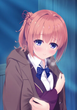 1girl absurdres blue_bow blue_bowtie blue_eyes blush bow bowtie braid breasts breasts_squeezed_together breath cafe_stella_to_shinigami_no_chou closed_mouth coat coat_on_shoulders collared_shirt commentary dress_shirt eyes_visible_through_hair hair_between_eyes hair_intakes hair_ribbon half_up_braid happy highres indoors jacket large_breasts long_sleeves medium_hair night open_clothes open_coat open_jacket orange_hair plaid_bow plaid_bowtie plaid_clothes ponytail purple_jacket red_ribbon reiji_tsukimi ribbon school_uniform shirt smile solo split_mouth sumizome_nozomi upper_body white_shirt