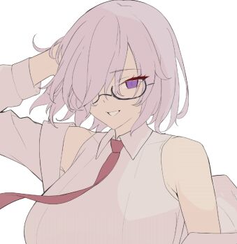 1girl bare_shoulders breasts fate/grand_order fate_(series) glasses gloves hair_over_one_eye hand_in_own_hair kakeku large_breasts looking_at_viewer mash_kyrielight necktie off_shoulder parted_lips pink_hair portrait purple_eyes short_hair simple_background sketch smile solo white_background