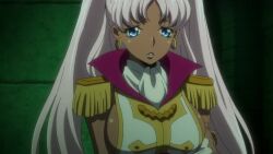 1boy 2girls animated anime_screenshot bouncing_breasts breast_focus breast_press breasts catherine_sabathra cleavage code_geass code_geass:_dakkan_no_roze crop_top dark-skinned_female dark_skin dress haruyanagininomiya_sakura large_breasts long_sleeves multiple_girls sideboob tagme video