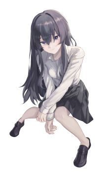 1girl absurdres alternate_costume alternate_hairstyle black_eyes black_hair black_shoes black_skirt closed_mouth collared_shirt commentary_request full_body highres invisible_chair kageyama_izumi knees_together_feet_apart long_hair long_sleeves looking_at_viewer pleated_skirt shirt shoes simple_background sitting skirt white_background white_shirt yahari_ore_no_seishun_lovecome_wa_machigatteiru. yukinoshita_yukino
