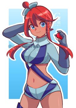 Rule 34 | 1girl, arm behind head, blue eyes, blue gloves, blue jacket, blue shorts, border, breasts, closed mouth, commentary, cowboy shot, crop top, cropped jacket, dark-skinned female, dark skin, gloves, gradient background, green background, hair ornament, highres, holding, holding poke ball, jacket, looking at viewer, medium breasts, midriff, navel, nintendo, nonoworks, outline, outside border, poke ball, poke ball (basic), pokemon, pokemon bw, red hair, short shorts, shorts, sidelocks, skyla (pokemon), smile, solo, standing, white border, white outline