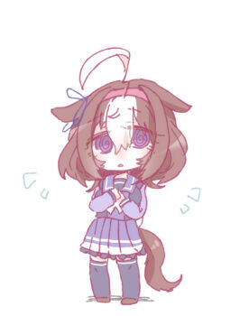 1girl @_@ ahoge beer_hsk black_thighhighs bow breasts brown_hair brown_shoes chibi commentary_request full_body hair_between_eyes hairband large_breasts long_sleeves looking_at_viewer meisho_doto_(umamusume) multicolored_hair notice_lines own_hands_together parted_lips pink_hairband pleated_skirt puffy_long_sleeves puffy_sleeves purple_eyes purple_shirt purple_skirt school_uniform shirt shoes simple_background skirt solo standing thighhighs tracen_school_uniform two-tone_hair umamusume white_background white_bow white_hair