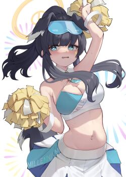 1girl absurdres animal_ears black_hair blue_archive blue_eyes blush breasts cheerleader dog_ears dog_girl dog_tail goggles goggles_on_head halo hibiki_(blue_archive) hibiki_(cheer_squad)_(blue_archive) highres holding holding_pom_poms long_hair millennium_cheerleader_outfit_(blue_archive) navel official_alternate_costume pom_pom_(cheerleading) pom_poms sameya_(ara7569) skirt solo star_(symbol) star_sticker sticker sticker_on_face tail yellow_halo