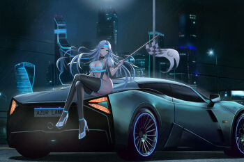 1girl absurdres alternate_costume anchor_print ass azur_lane backless_leotard black_bow black_bowtie black_leotard black_thighhighs blue_eyes blue_hair blue_hairband bow bowtie breasts building car character_name checkered_clothes checkered_flag city_lights cityscape cleavage cleavage_cutout closed_mouth clothes_writing clothing_cutout commentary copyright_name country_connection criss-cross_halter crossed_legs earrings evolution_tower eyelashes flag full_body gloves hair_intakes hairband halterneck head_tilt high_heels highleg highleg_leotard highres holding holding_flag huge_ass jewelry kcar66t lamppost leotard license_plate linea_alba long_hair marussia marussia_b3 mercury_city_tower midriff moscow moscow_international_business_center motor_vehicle navel neon_trim night night_sky on_car parted_bangs parted_lips product_placement puffy_short_sleeves puffy_sleeves race_flag race_queen real_world_location revealing_clothes revision road russia shoes short_sleeves shrug_(clothing) sideless_outfit sitting skindentation sky skyline skyscraper sovetskaya_belorussiya_(azur_lane) sparkling_eyes sports_car star_(sky) starry_sky stomach_cutout strappy_heels street swept_bangs thick_thighs thighhighs thighs underbust utility_pole vehicle_focus very_long_hair white_gloves white_shoes wind wind_lift