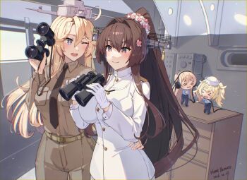 Rule 34 | 4girls, alternate costume, binoculars, black necktie, blonde hair, blue eyes, breast pocket, breasts, brown hair, brown jacket, brown pants, cherry blossoms, commentary request, dixie cup hat, epaulettes, fairy (kancolle), flower, gloves, hair between eyes, hair flower, hair intakes, hair ornament, hat, headgear, headphones, himeyamato, holding, holding binoculars, huge breasts, indoors, iowa (kancolle), jacket, kantai collection, large breasts, long hair, long sleeves, military hat, military uniform, mini person, minigirl, multiple girls, naval dress uniform, naval uniform, necktie, one eye closed, pants, pocket, ponytail, red eyes, sidelocks, size difference, standing, star-shaped pupils, star (symbol), symbol-shaped pupils, twintails, very long hair, white gloves, white jacket, yamato (kancolle)