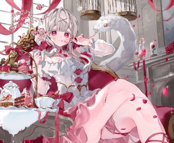 1girl absurdres animal birdcage brooch cage cake commission cup falling_petals food grey_hair hibari_yuu highres indoors jewelry long_hair looking_at_viewer macaron original petals pink_eyes pink_nails pink_petals pink_skirt scratches shirt short_sleeves skeb_commission skirt snake snake_hair solo teacup tiered_tray white_shirt white_snake window