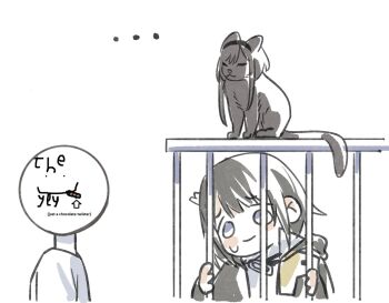 ... 1girl 2girls animal animal_ears animalization arknights arknights:_endfield black_cat black_coat black_hair black_hairband blue_eyes blush_stickers cage cat cat_ears closed_mouth coat cumulussen endministrator_(arknights) female_endministrator_(arknights) hair_ornament hairband highres long_sleeves looking_at_another medium_hair multiple_girls no_mask open_clothes priestess_(arknights) sweatdrop sweater upper_body white_sweater