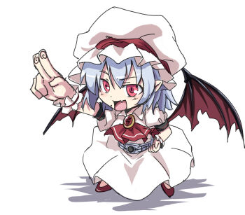 Rule 34 | 1girl, arm up, ascot, blue hair, brooch, chinese commentary, commentary request, demon wings, dress, fang, full body, hat, highres, jewelry, kamen rider, koissa, looking at viewer, mob cap, open mouth, pointy ears, puffy short sleeves, puffy sleeves, red ascot, red eyes, red shoes, red wings, remilia scarlet, rider belt, shoes, short hair, short sleeves, simple background, skin fang, smile, solo, touhou, white background, white dress, white hat, wings