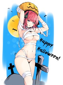 Rule 34 | 1girl, :d, bandages, bat (animal), blue eyes, blunt bangs, breasts, butterfly hair ornament, da-cart, feet out of frame, full moon, go-toubun no hanayome, graveyard, hair ornament, hair ribbon, halloween costume, happy halloween, highres, holding, holding pumpkin, jack-o'-lantern, large breasts, looking at viewer, medium hair, moon, nakano nino, naked bandage, open mouth, pink hair, pumpkin, ribbon, smile, solo