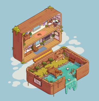 absurdly_detailed_composition animal bird blue_background box chair commentary computer_keyboard computer_mouse desk dock dog duck english_commentary english_text evergreenqveen fireplace garden grass highres indoors lake lamp loaded_interior log monitor moss no_humans office_chair original outdoors plant polly_pocket potted_plant recliner rock rug simple_background string_lights swivel_chair tree water wooden_floor