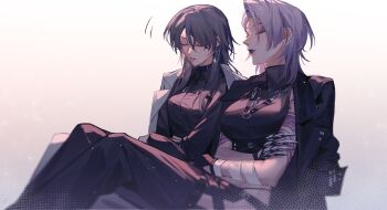 2girls arm_tattoo bandaged_arm bandages black_coat black_hair black_pants black_shirt breasts chief_(path_to_nowhere) closed_eyes coat coat_on_shoulders collared_shirt commentary crossed_arms earrings eyeliner feet_out_of_frame female_chief_(path_to_nowhere) forehead gradient_background grey_coat grey_hair hair_between_eyes highres jewelry light_particles liiger long_hair makeup medium_breasts medium_hair motion_lines multiple_girls pants parted_lips path_to_nowhere purple_eyeliner purple_lips shirt side-by-side simple_background sitting sleeping sleeveless sleeveless_shirt sword_necklace tattoo tribal_tattoo turtleneck undershirt white_background zoya_(path_to_nowhere)