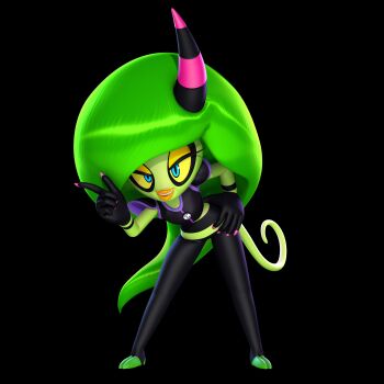 1girl 2018 3d absurdres armor backlighting black_background black_skin blender_(medium) blue_eyes colored_sclera colored_skin commentary crossover english_commentary eyeshadow feet female_focus fingernails full_body green_hair green_skin grin half-closed_eyes hand_on_own_hip highres horns idw_publishing index_finger_raised leaning_forward legs_apart logo long_hair makeup mega_man_(series) monster_girl no_nose oni pink_nails plate_armor purple_trim sharp_fingernails simple_background single_horn smile solo sonic_(series) sonic_lost_world standing tail tbblur thick_lips thighs very_long_hair yellow_eyeshadow yellow_lips yellow_sclera zeena
