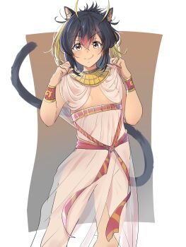 1girl alternate_animal_ears alternate_costume alternate_ears alternate_tail ancient_egyptian_clothes animal_ears bare_shoulders black_hair blonde_hair blush bracelet cat_ears cat_girl cat_tail cowboy_shot dress gold_bracelet gold_collar gold_trim hair_between_eyes highres japari_symbol jewelry kemono_friends looking_at_viewer multicolored_hair red_hair rockhopper_penguin_(kemono_friends) see-through_clothes short_hair short_twintails sidelocks sleeveless smile solo tail twintails usekh_collar white_dress wifi1981321 yellow_eyes