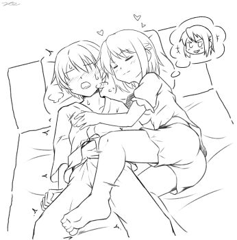 1boy 1girl ass barefoot bed blush bulge closed_eyes erection erection_under_clothes hair_ornament hairclip heart hetero highres hospital_gown kamijou_kyousuke mahou_shoujo_madoka_magica mahou_shoujo_madoka_magica_(anime) miki_sayaka monochrome no_eyes pajamas pillow ppkoly short_hair smirk speech_bubble sweat thought_bubble
