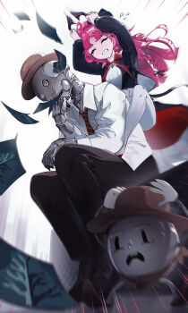 Rule 34 | 1boy, 1girl, @ @, absurdres, arknights, black pants, brown hat, closed eyes, clothed robot, collared shirt, cowering, emphasis lines, fine art parody, flying sweatdrops, gameplay mechanics, hat, highres, horns, humanoid robot, jambaeng, long hair, long sleeves, necktie, nymph (arknights), pants, pantyhose, parody, pink hair, red necktie, robot, shirt, thinking, thought (arknights), tin man (arknights), white pantyhose