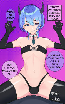 1boy bikini black_bikini black_gloves black_thighhighs blue_eyes blue_hair commentary cosplay crossdressing crossdressing_(mtf) demon_horns detached_collar elbow_gloves english_commentary english_text gloves gluteal_fold grin hands_up hololive horns hoshimachi_suisei hoshimachi_suisei_(cosplay) jaheterbang looking_at_viewer navel necktie short_hair short_necktie simple_background sitting smile solo speech_bubble spread_legs swimsuit thighhighs trap virtual_youtuber