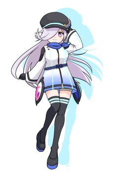 1girl arm_behind_head armpits black_gloves black_hat black_shoes black_thighhighs brown_shorts character_request closed_mouth commentary_request commission drop_shadow full_body gloves grey_hair hair_over_one_eye hat highres jacket long_hair long_sleeves looking_at_viewer muu_(mumumer) newsboy_cap original purple_eyes shoes shorts simple_background skeb_commission smile solo thighhighs very_long_hair white_background white_jacket wide_sleeves