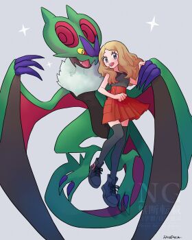1girl absurdres alternate_color black_shirt black_thighhighs blonde_hair blush breasts claws dragon fangs gen_6_pokemon grey_eyes highres long_hair nintendo noivern open_mouth pokemon pokemon_(creature) pokemon_xy red_skirt sandora_(karugamo_no_e) serena_(pokemon) shiny_pokemon shirt shoes skirt sleeveless sleeveless_shirt smile star_(symbol) thighhighs wings yellow_eyes zettai_ryouiki
