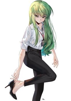 1girl absurdres artist_logo black_pants blouse budgiepon c.c. code_geass female_focus green_hair high_heels highres lanyard logo long_hair name_tag office_lady pants putting_on_footwear shirt simple_background white_background yellow_eyes