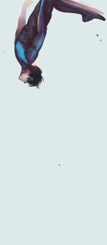 1boy batman_(series) black_hair bodysuit boots dc_comics dick_grayson domino_mask eye_mask gloves male_focus mask nightwing simple_background solo upside-down