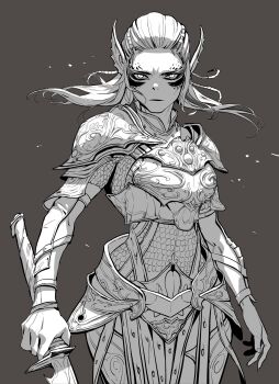 Rule 34 | 1girl, absurdres, armor, baldur's gate, baldur's gate 3, breastplate, facepaint, highres, holding, holding sword, holding weapon, lae'zel, long hair, looking at viewer, ori dal, plate armor, pointy ears, scale armor, solo, sword, weapon