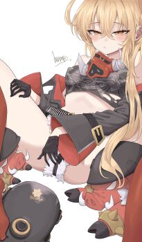 1girl absurdres bare_shoulders baseball_bat black_gloves black_helmet black_jacket black_shirt blonde_hair blush boar breasts colored_skin combat_helmet commentary_request covered_erect_nipples crop_top crossed_bangs fur-trimmed_shorts fur_trim gloves hair_between_eyes half-closed_eyes half_gloves hampo1219 hand_on_own_thigh helmet highres jacket long_hair looking_at_viewer luciana_de_montefio lucy&#039;s_crew_(zenless_zone_zero) lying mask metal_baseball_bat micro_shorts midriff off_shoulder on_back orange_eyes parted_lips pig red_skin respirator shirt shorts signature simple_background small_breasts spread_legs tears thighs torn_clothes torn_shirt white_background zenless_zone_zero