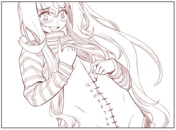 Rule 34 | 1girl, agemmata, blush, body writing, clothes lift, clothes pull, commentary, dick-o-meter, drooling, dutch angle, english commentary, groin, hair between eyes, hand up, high side ponytail, highres, holding, holding marker, horizontal-striped clothes, kaminari clara, length markings, long bangs, long hair, long sleeves, looking down, marker, measuring, monochrome, mouth drool, open mouth, pants, pants pull, penis measuring, phase connect, shirt, shirt lift, side ponytail, sidelocks, simple background, solo, stomach, turtleneck, turtleneck shirt, very long hair, virtual youtuber, white background