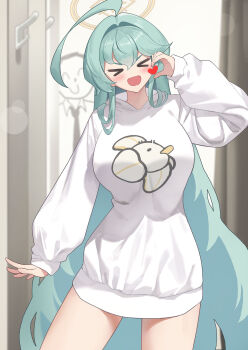 &gt;_&lt; 1boy 1girl :d :o absurdres ahoge alternate_costume aqua_hair blue_archive blush breasts caught commentary doodle_sensei_(blue_archive) facing_viewer half-heart_hands halo heart highres hood hoodie huge_ahoge indoors korean_commentary large_breasts long_hair long_sleeves no_pants open_mouth oversized_clothes print_hoodie sensei_(blue_archive) smile straight_hair thighs tomid very_long_hair white_hoodie xd yume_(blue_archive)