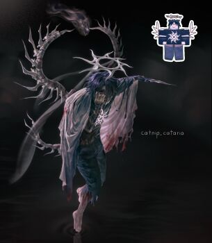 1boy bandaged_arm bandages barefoot black_eyes black_hair black_shirt bleeding blood blood_on_clothes blood_on_leg bone_halo bone_tail catnip_cataria cloak dagger doodle_inset eyelid_pull forsaken_(roblox) full_body hair_over_one_eye halo highres holding holding_dagger holding_knife holding_weapon horror_(theme) knife looking_at_viewer male_focus outstretched_arm print_shirt reference_inset ripples shirt short_hair skeletal_wings solo torn_cloak torn_clothes two_time_(forsaken) weapon white_cloak wings