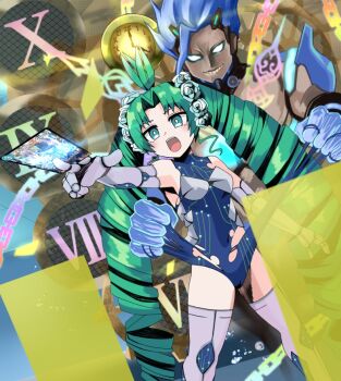 1boy 1girl antenna_hair aqua_eyes between_fingers blue_hair blue_leotard boots card card_between_fingers clenched_teeth clock coco_apollon commentary_request covered_navel drill_hair duel_masters duel_masters_play's elbow_gloves energy_barrier energy_shield flower gloves green_eyes hair_flower hair_ornament holding imminent_rape kiriko_(duel_masters) leotard long_hair open_mouth tearing_clothes teeth the_clock_(duel_masters) thigh_boots torn_clothes torn_leotard trading_card twin_drills very_long_hair white_eyes white_gloves