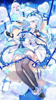 1girl absurdres ahoge bare_shoulders black_gloves black_shoes black_thighhighs blue_bow blue_eyes blue_gem blue_hair blush bow box commentary_request detached_sleeves dress drop-shaped_pupils eyelash_ornament full_body furina_(genshin_impact) gem genshin_impact gift gift_box gloves heart heterochromia highres lalazyt long_hair looking_at_viewer lying multicolored_hair on_back shoes snow snowflakes streaked_hair symbol-shaped_pupils thighhighs white_hair