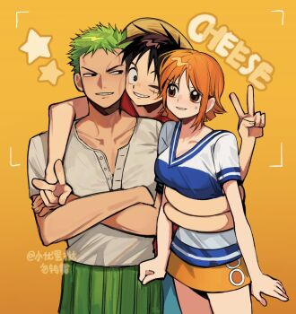 1girl 2boys arm_around_shoulder arms_around_waist black_hair breasts brown_eyes cheek-to-cheek collarbone cowboy_shot crossed_arms devil_fruit_power double_v elasticity facial_scar gradient_background green_hair hashtag-only_commentary hat heads_together highres ki2ri5 looking_at_another looking_at_viewer medium_breasts miniskirt monkey_d._luffy multiple_boys nami_(one_piece) nami_(one_piece)_(east_blue) one_eye_closed one_piece orange_hair parted_lips red_shirt roronoa_zoro scar scar_on_cheek scar_on_face shirt short_hair short_sleeves skirt smile star_(symbol) straw_hat straw_hat_pirates extendable_limbs sweatdrop taking_picture v v-neck white_shirt yellow_background yellow_skirt