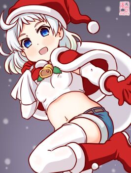 1girl alternate_costume artist_logo blue_eyes blue_shorts boots breasts capelet commentary_request covered_erect_nipples dated denim denim_shorts fur-trimmed_boots fur-trimmed_capelet fur-trimmed_headwear fur_trim grey_background hat kanon_(kurogane_knights) kantai_collection logo midriff natsugumo_(kancolle) navel one-hour_drawing_challenge red_boots red_capelet red_hat santa_hat short_hair short_shorts shorts simple_background small_breasts snow solo strapless thighhighs tube_top white_thighhighs white_tube_top