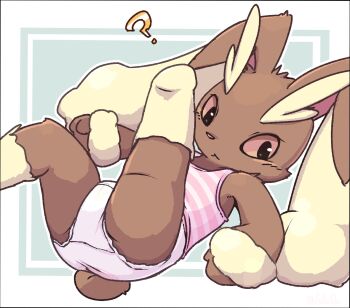 1girl ? animal_ears animal_feet animal_nose ass body_fur brown_fur colored_sclera furry furry_female gen_4_pokemon highres leg_up legs loli lopunny lying mei_(lulufla) nintendo no_humans on_back panties pink_sclera pokemon pokemon_(creature) rabbit_ears rabbit_girl rabbit_tail solo striped_tank_top tail tank_top thighs two-tone_fur underwear white_panties