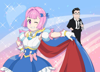 Rule 34 | 1boy, 1girl, akuyaku reijou tensei ojisan, anna doll, black-framed eyewear, black hair, black jacket, black necktie, black pants, blazer, blue cape, blue dress, bow, brooch, cape, cape hold, closed mouth, commentary, cosplay, cure sky, cure sky (cosplay), detached sleeves, dress, dress bow, dress shirt, fingerless gloves, formal clothes, frilled dress, frills, frown, glasses, gloves, grin, hand in pocket, hand on own hip, highres, hirogaru sky! precure, holding, holding newspaper, inoue kazuhiko, jacket, jewelry, long hair, looking at viewer, necktie, newspaper, oishinbo, one eye closed, opaque glasses, pants, pink bow, pink eyes, pink hair, precure, puffy detached sleeves, puffy sleeves, red cape, sekine akira, shirt, short dress, sleeveless, sleeveless dress, smile, solo, sparkle, standing, suit, tondabayashi kenzaburou, two-sided cape, two-sided fabric, two-tone dress, ueyama michirou, voice actor connection, white dress, white gloves, white shirt, wing brooch, yamaoka shirou, yamaoka shirou (cosplay)