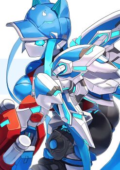 1girl absurdres animal_ears armor ass baseball_cap blue_eyes blue_hair blue_hat breasts cat_ears commission glowing glowing_eyes hakidashi_11 hat highres hip_armor humanoid_robot jet_(jetngs) large_breasts long_hair looking_at_viewer mechanical_arms mechanical_wings no_mouth original phantasy_star phantasy_star_online_2 robot robot_girl second-party_source skeb_commission solo white_background wings