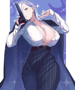 1girl absurdres belt black_coat black_pants blue_lips breasts cleavage coat coat_on_shoulders collarbone collared_shirt eyeliner fate/grand_order fate_(series) gun hair_over_one_eye handgun high-waist_pants highres hiyayaako jewelry large_breasts long_hair long_sleeves looking_at_viewer m1911 makeup mrs._snake_(fate) necklace pants puckered_lips shirt solo striped_clothes striped_pants thighs watermark weapon white_hair white_shirt yellow_eyes